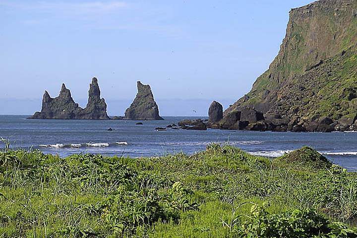 eu_island_033.jpg - Die Felsnadeln Reynisdrangar im Meer vor Vik i Myrdal